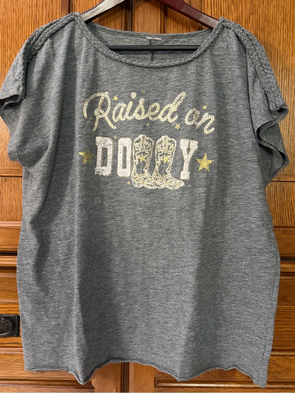 Sable Sky Raised On Dolly Graphic Tee Braided Shoulders Country Music Concert